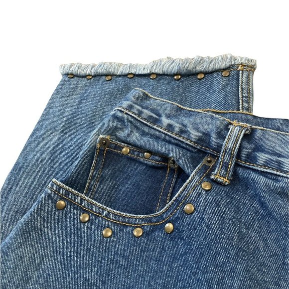 Vintage High Rise Studded Denim Jeans with Studded Raw Hem 35” X 29.5” - Picture 2 of 8
